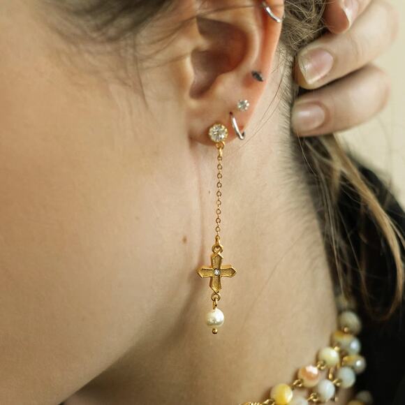 VIRGINS SAINTS & ANGELS VSA Peace Cross Pearl Drop Post Earrings in Gold - Picture 3 of 8